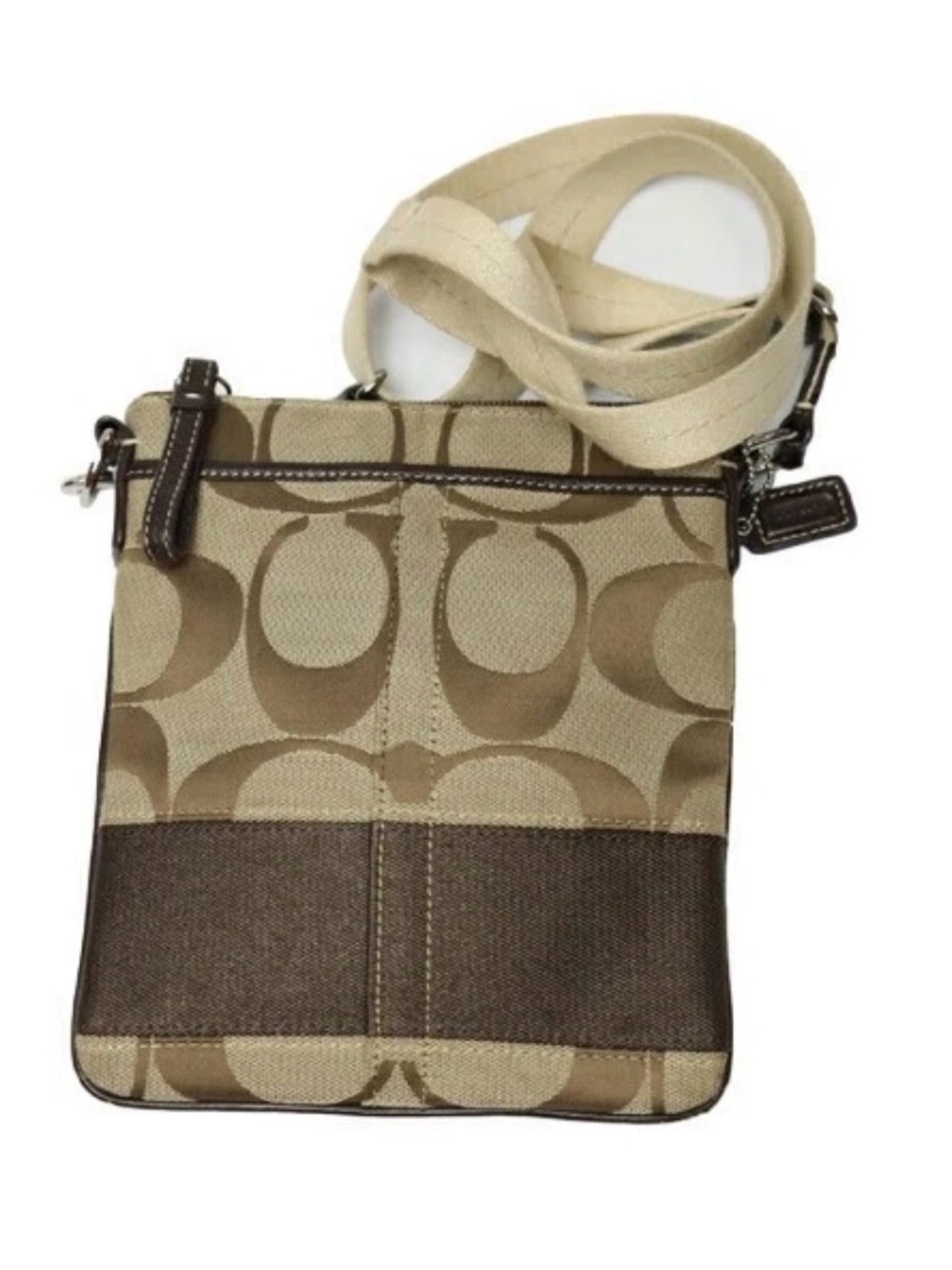 Coach Shoulder Swing Bag Signature Nylon Leather Beige Brown